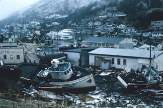 A coastal town is depicted in the aftermath of a disaster, with boats stranded on land amidst debris. The background shows a hillside with residential buildings. A notable presence of damaged structures and scattered wreckage suggests the severity of the event.