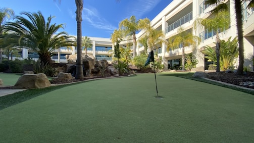 A well-maintained putting green is surrounded by lush palm trees and landscaped rocks, set against the backdrop of a modern building with large balconies. The sky is clear with a few wispy clouds.
