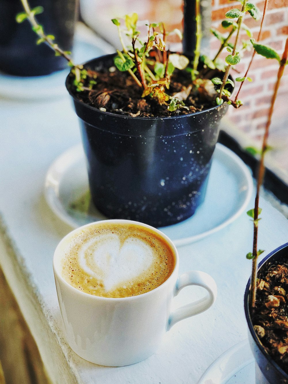 white ceramic mug with cappuccino