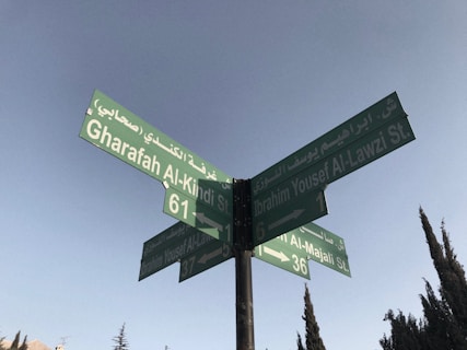 A street signpost with four directional signs in Arabic and English, displaying names of streets such as Gharafah Al-Kindi, Ibrahim Yousef Al-Lawzi, and others. The signpost is made of green plates with white lettering, located against a clear blue sky with some trees visible in the background.