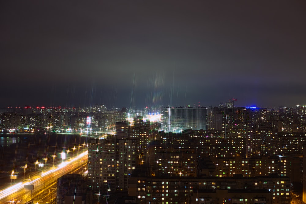 city skyline during night time