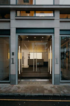 Elegant office entrance with minimalist black and anthracite decor highlighted by matte gold details.