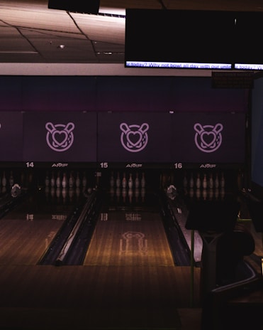 A dimly lit bowling alley with three lanes numbered 14, 15, and 16 is visible. The lanes lead to bowling pins standing at the end. Above the lanes, there are screens displaying simplistic bear face designs. There are also ceiling lights and a partially visible digital sign.