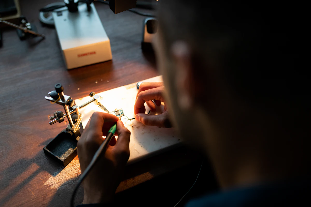 Technician soldering a radio circuit board at a lit electronics repair bench