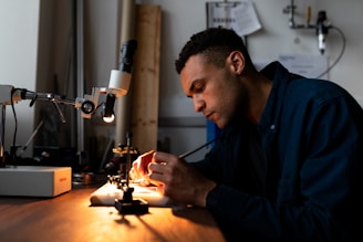 A person is focused on work at a desk equipped with a microscope and other small tools, suggesting a detailed task such as electronics repair or scientific research. The environment is dimly lit, emphasizing the concentration and meticulousness of the activity.