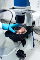 A person in blue gloves placing a petri dish under a laboratory microscope