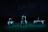 A person stands in a field at night, flanked by two robotic machines. The background is a dark night sky filled with stars. The scene is illuminated by cool-toned, artificial lighting, casting an eerie glow over the landscape.