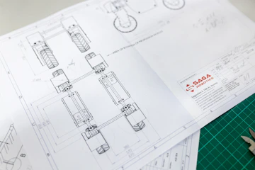Technical drawing on white paper with detailed design layout, including geometric shapes and numbers, showing part of a mechanical structure. The design has annotations and measurements. The logo of 'SAGA Robotics' appears prominently on the lower right corner of the paper.