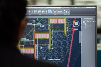 An individual is in front of a computer monitor displaying a detailed architectural or engineering design, possibly a floor plan or structural layout with measurements and annotations. The design is composed of various lines in colors like yellow, red, and green against a dark background, and the interface resembles a CAD software.
