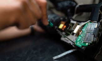 person holding green and black circuit board