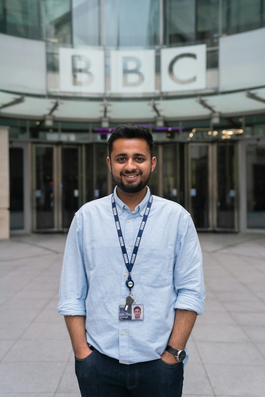 Male broadcast engineer outside the BBC