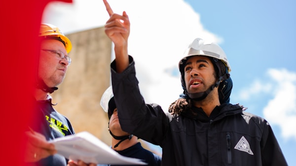 man in black jacket wearing yellow hard hat