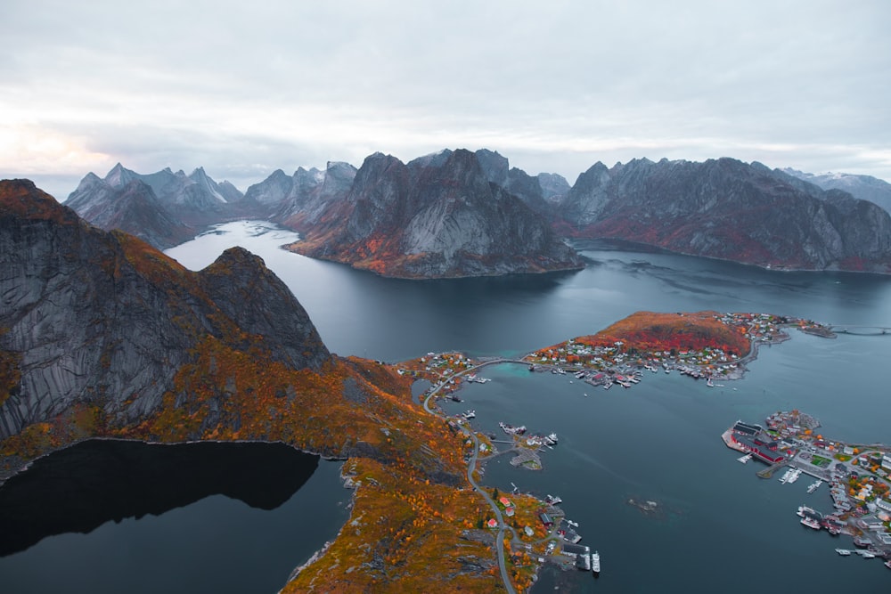 aerial view of lake and mountains during daytime