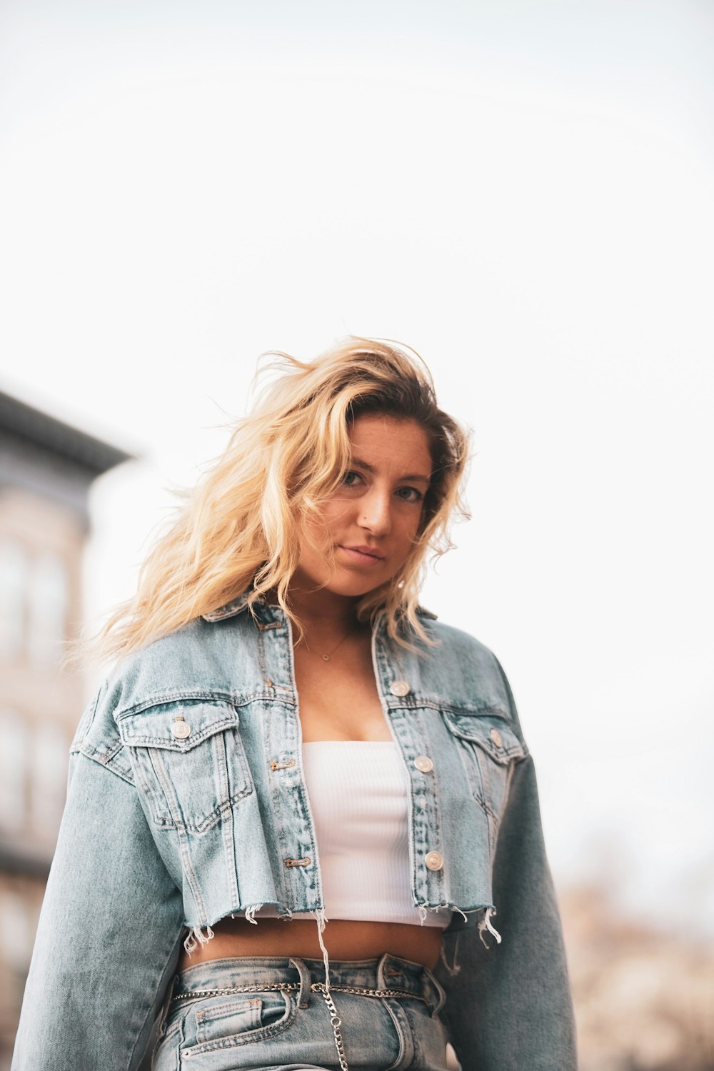 woman in blue denim jacket