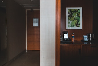 A dimly lit hallway in a hotel or apartment, featuring a wooden door with a sign and a side table with a small coffee maker, a bottle of water, and a few booklets. A piece of modern art depicting green leaves is hung on the wooden wall panel above the counter.
