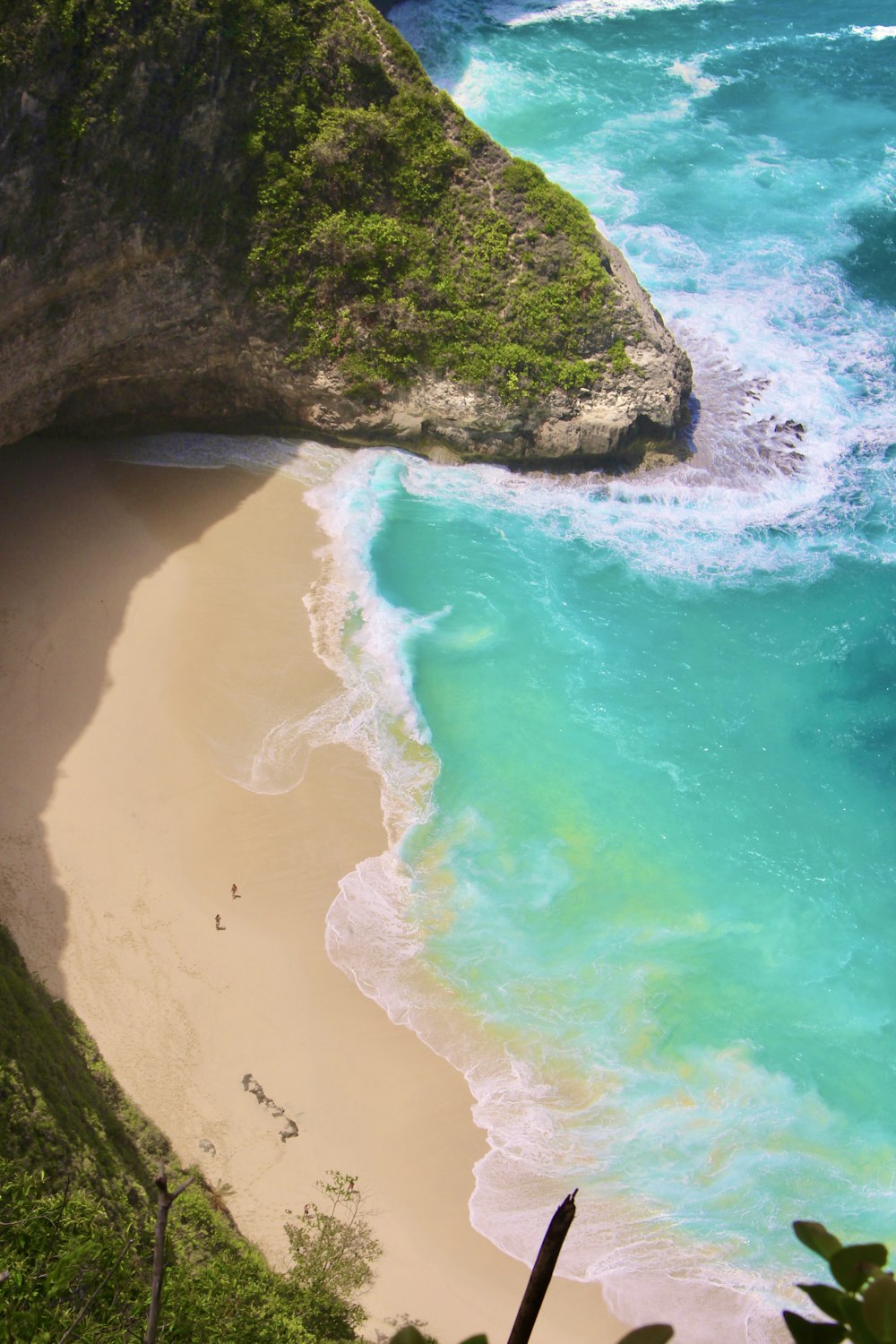 brown sand beach with green moss and brown rocks