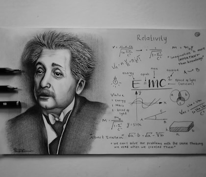 A detailed pencil drawing of a person famous for their theory of relativity, surrounded by various mathematical equations and diagrams related to physics. The drawing showcases detailed facial features and expressions, accompanied by carefully written scientific notes and quotes. Three pencils are placed beside the drawing.