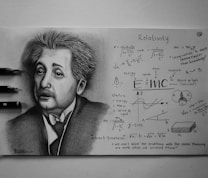 A detailed pencil drawing of a person famous for their theory of relativity, surrounded by various mathematical equations and diagrams related to physics. The drawing showcases detailed facial features and expressions, accompanied by carefully written scientific notes and quotes. Three pencils are placed beside the drawing.