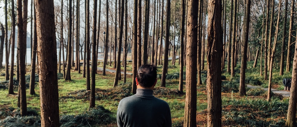 man in gray crew neck shirt standing in the woods during daytime