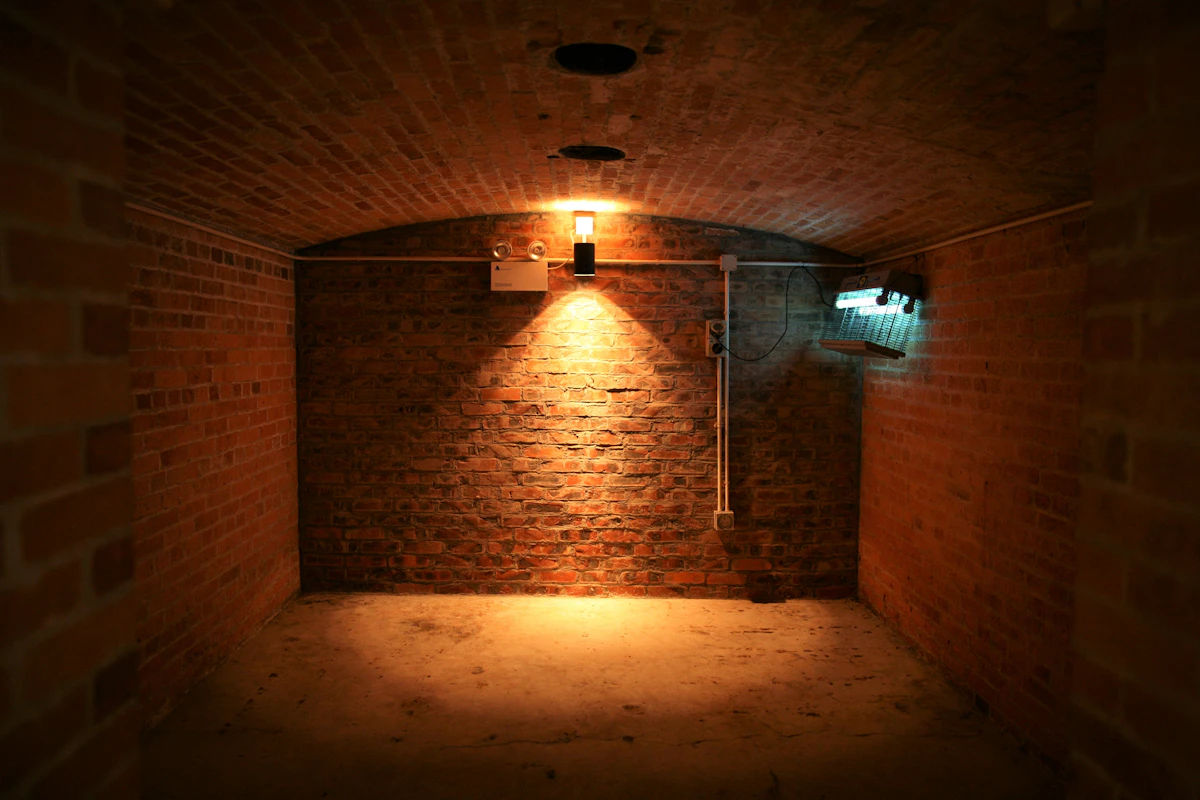Dramatic escape room interior with atmospheric lighting and immersive set design