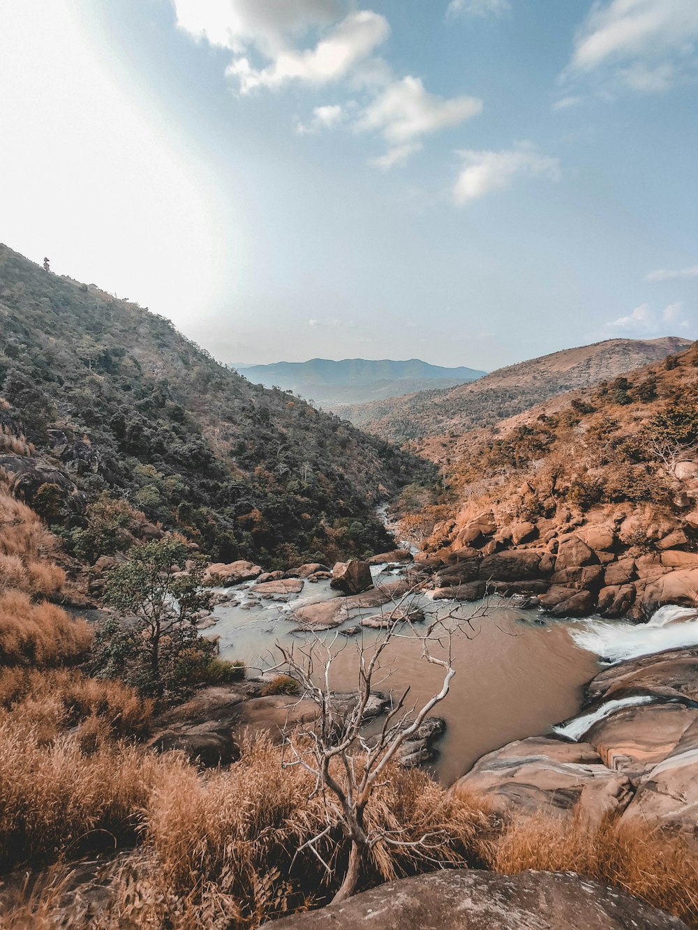 Campo de hierba marrón y verde cerca del río bajo el cielo azul durante el día