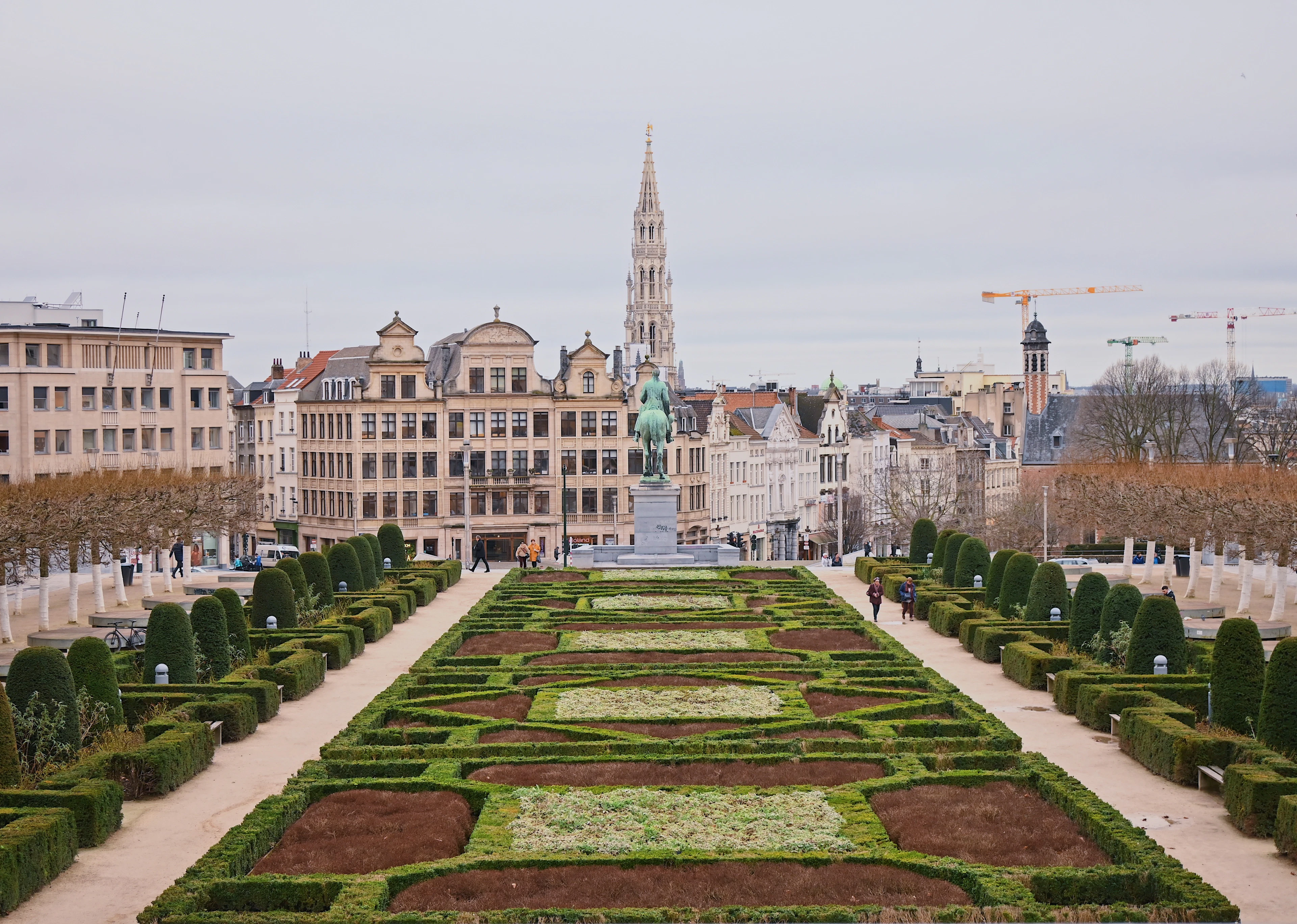 The formal gardens of the Mont des Arts in Brussels, the town hall spire beyond