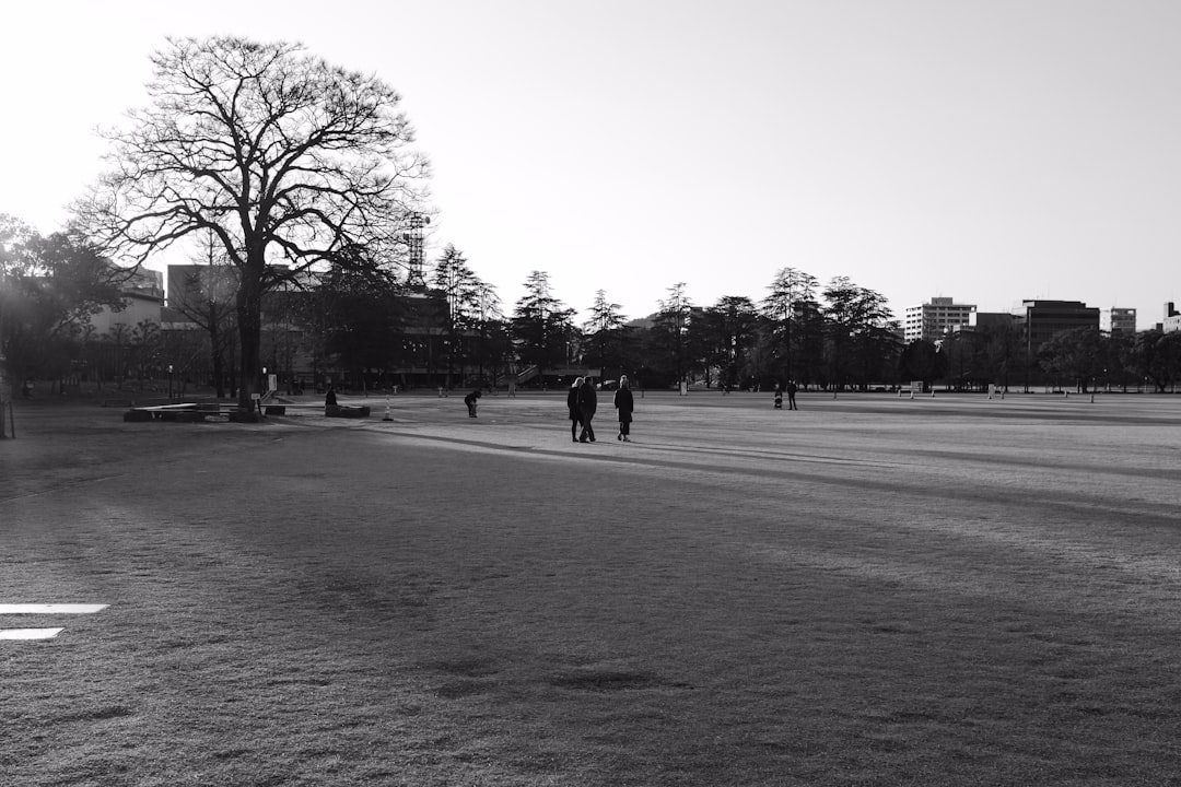 grayscale photo of people walking on park