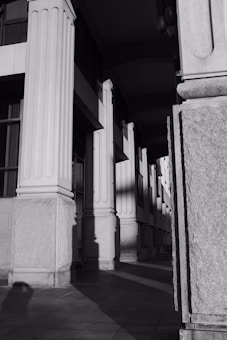 Tall architectural columns cast long shadows on the ground in a grayscale image, highlighting the structure's symmetry and grandeur. The scene is devoid of people, emphasizing the building's imposing and silent presence.