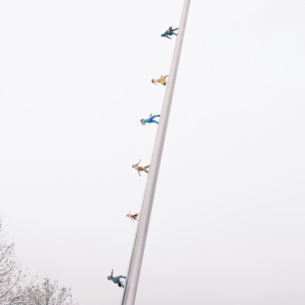 flock of birds on electric post under gray sky