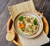 soup dish in brown ceramic bowl