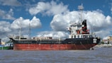 A large cargo ship is docked in a harbor, featuring a black and red hull with the name 'ROYAL 06' painted on the side. The ship is equipped with cranes and masts, and there are buildings visible in the background across a cloudy blue sky. The water in the foreground appears slightly murky.