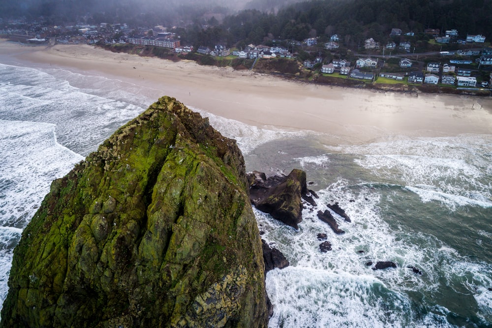 green and black rock formation on seashore during daytime