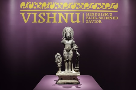 A stone statue of a deity stands centrally on a pedestal, surrounded by a dark purple backdrop. Above the statue, there is a yellow sign with ornate patterns and text that reads 'VISHNU Hinduism's Blue-Skinned Savior'. The statue depicts a finely detailed figure with traditional adornments and holds various items in its hands.