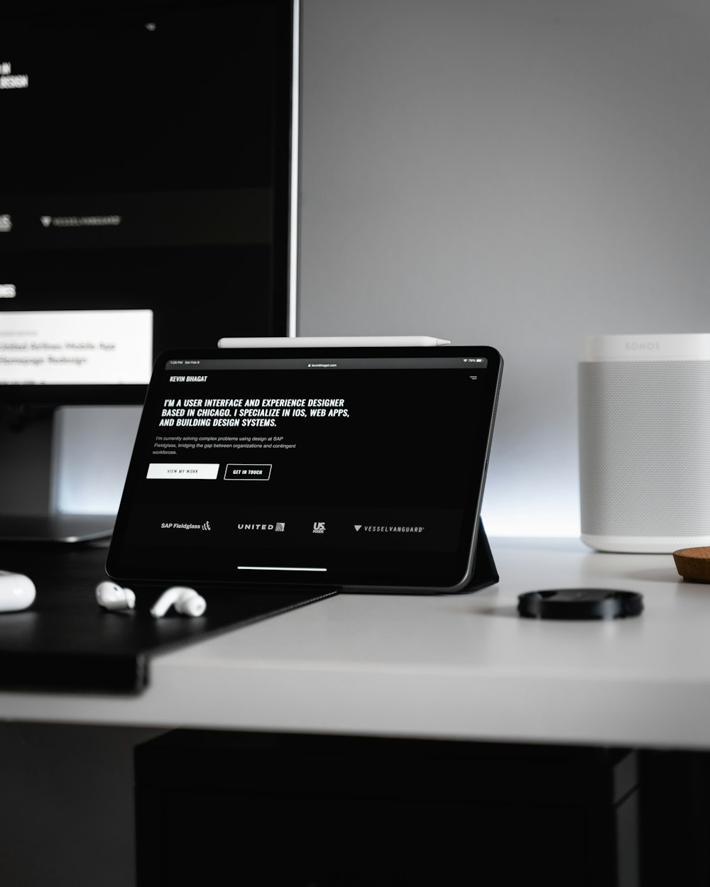 black ipad on white table