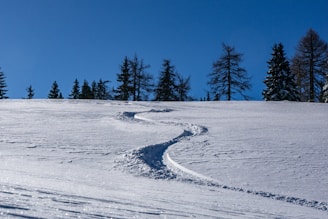 A serene mountain slope with fresh snow tracks showing a perfect day for skiing.