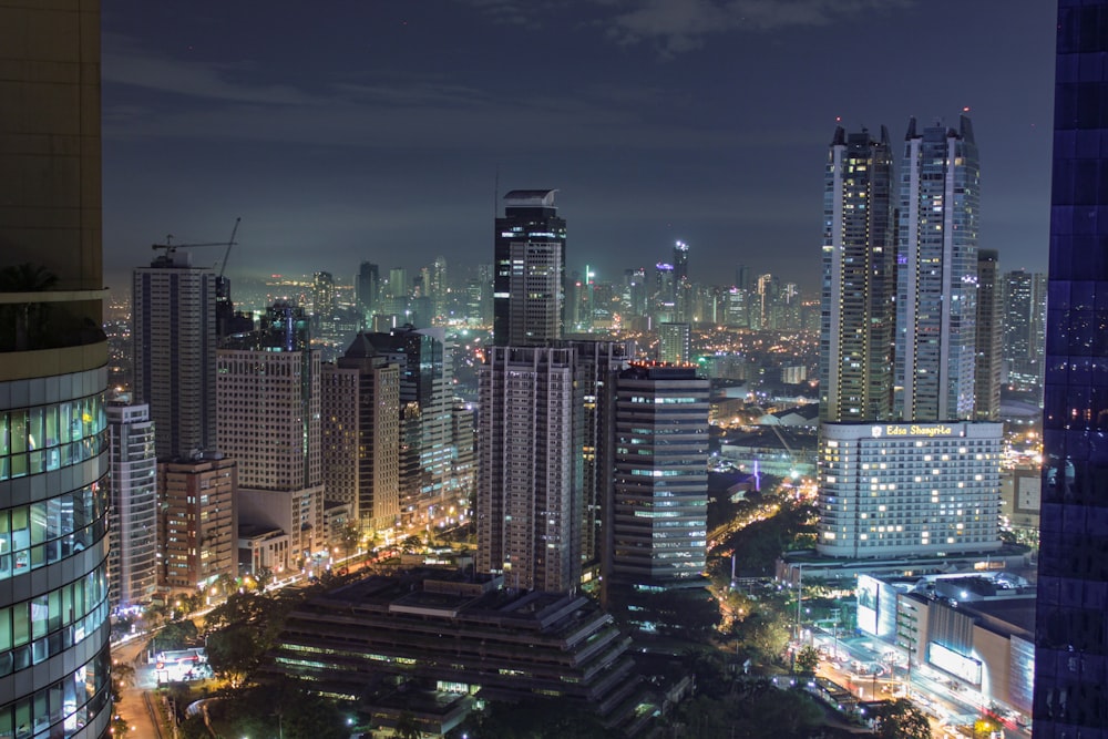 city skyline during night time