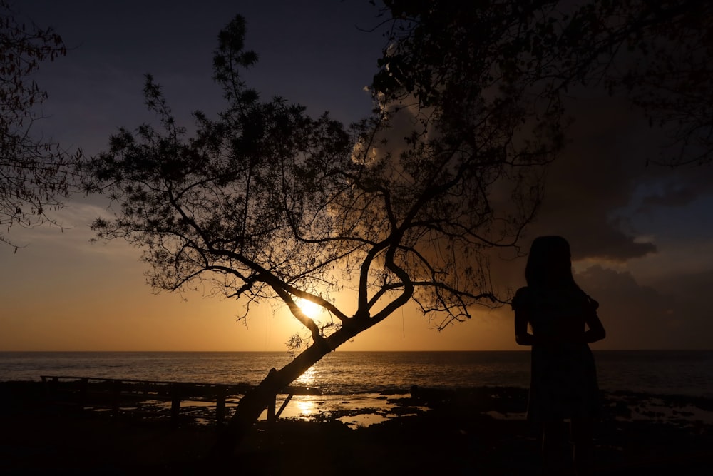 silhouette of man standing near body of water during sunset