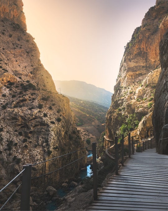 brown wooden bridge between brown rocky mountains during daytime in Caminito del Rey Spain
