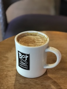 Close-up of a coffee mug with a happy face logo on a wooden table.