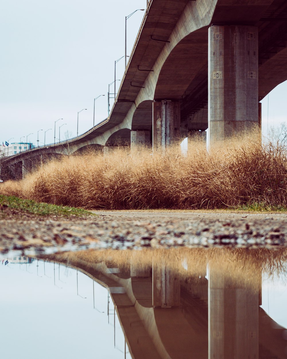 Braun-weiße Brücke über den Fluss