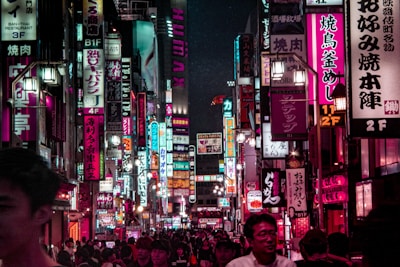 people walking on street during night time