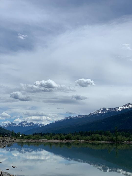 green trees near lake under cloudy sky during daytime in Mount Robson Provincial Park Canada