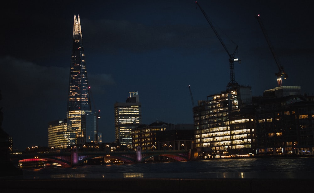 city skyline during night time