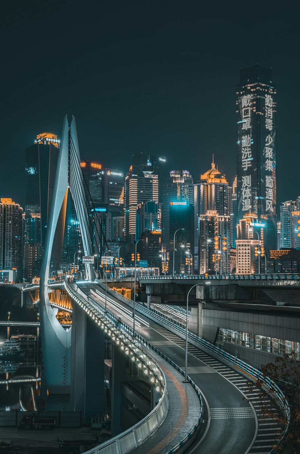 city skyline during night time