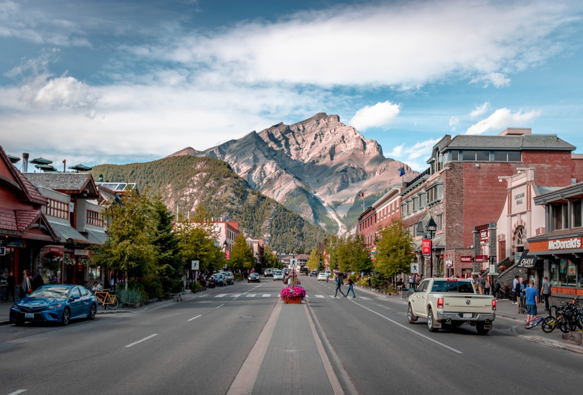 Downtown Banff with mountain backdrop