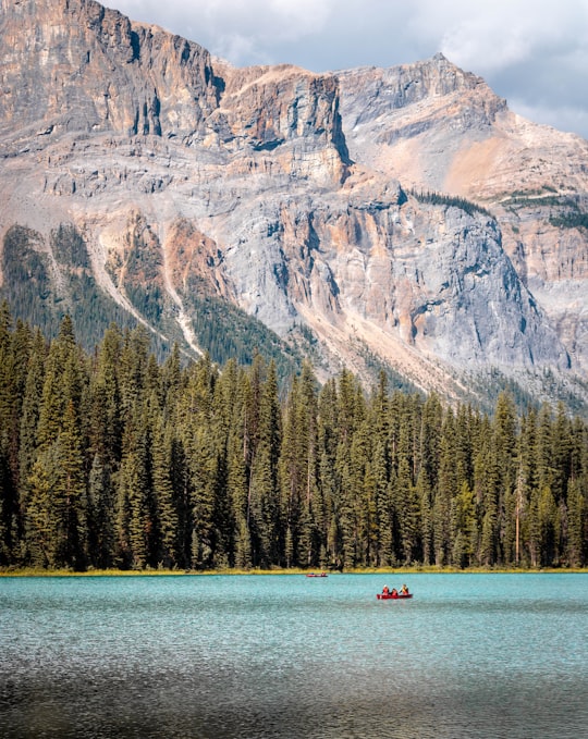 person riding on boat on lake near mountain during daytime in Golden Canada