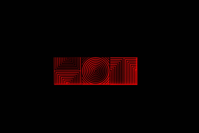 The image contains a black background with the word HOT written in bold, geometric patterns using red lines. Each letter is uniquely designed with concentric shapes and angular lines, creating an optical illusion effect.