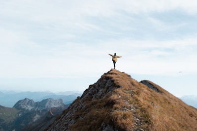 A man wearing a rugged jacket stands atop a mountain ridge, overlooking a vast green valley under a clear blue sky.