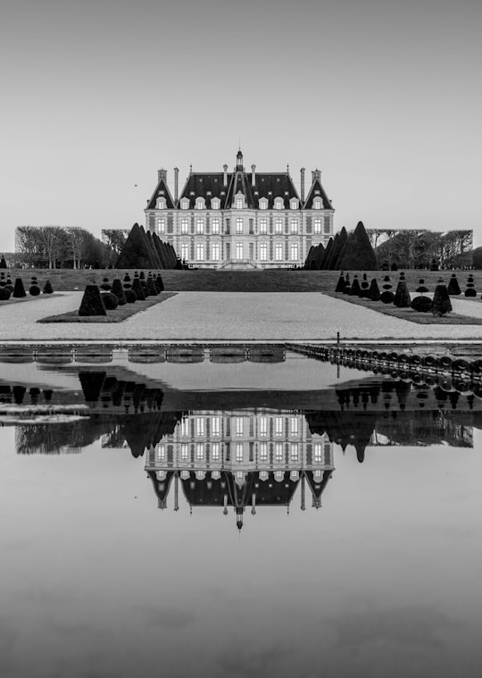 grayscale photo of building near body of water in Parc de Sceaux France