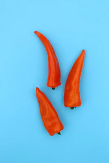 Bright red chili peppers arranged neatly on a soft cream background with subtle shadows.